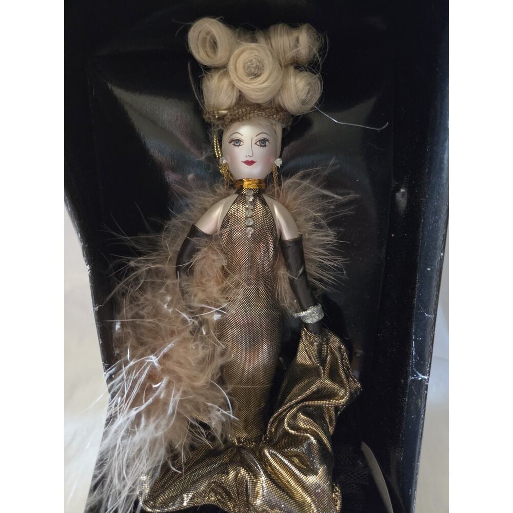 Ladies With Elegance Collection Glass Ornament Black Gold Dress & Feather Boa - Picture 2 of 4